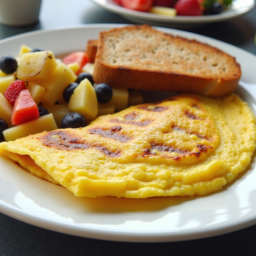 Omelette grillée au choix: nature, cheddar de chez nous, jambon cheddar, western, accompagnée de pommes de terre sautées, rôties et fruits du moment: