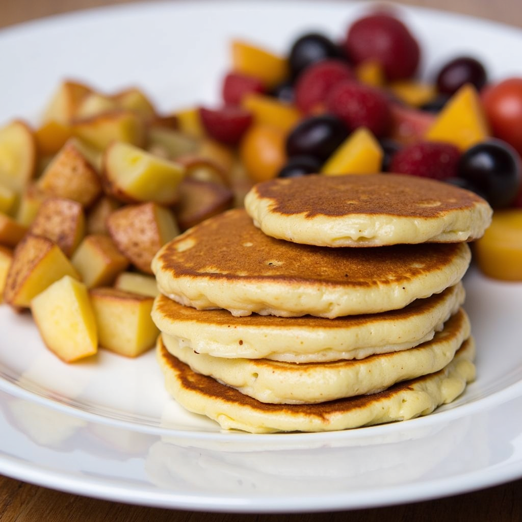 Crêpes accompagnées de pommes de terre sautées et fruits du moment.