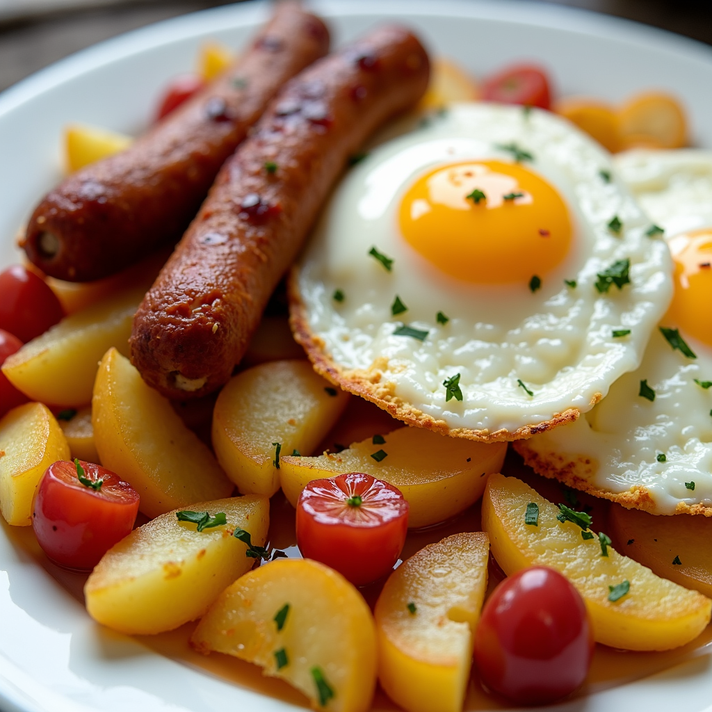 2 œufs au choix, bacon ou saucisses Besson ou jambon, accompagnés de pommes de terre sautées, rôties et fruits du moment.